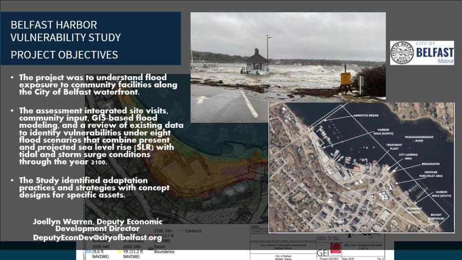A slide detailing the Belfast Harbor Vulnerability Study