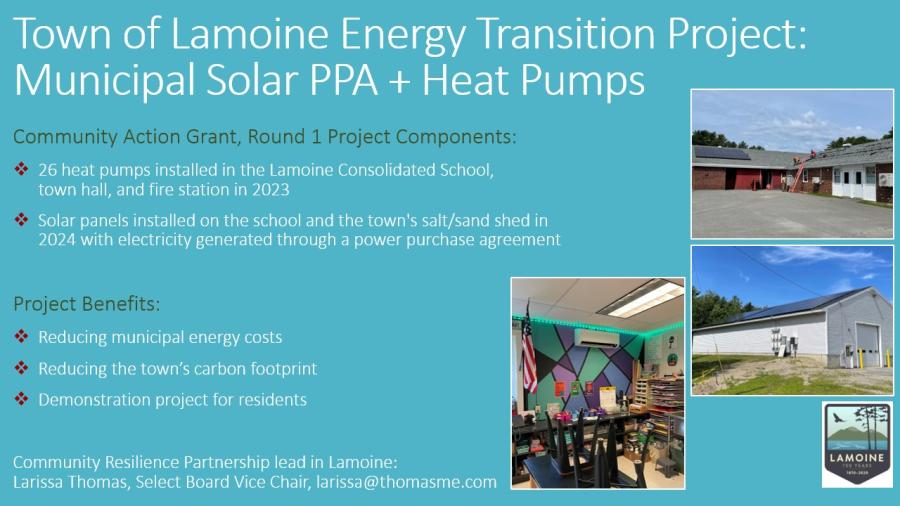 A slide detailing the Town of Lamoine Energy Transition Project: Municipal Solar PPA + Heat Pumps​ ​