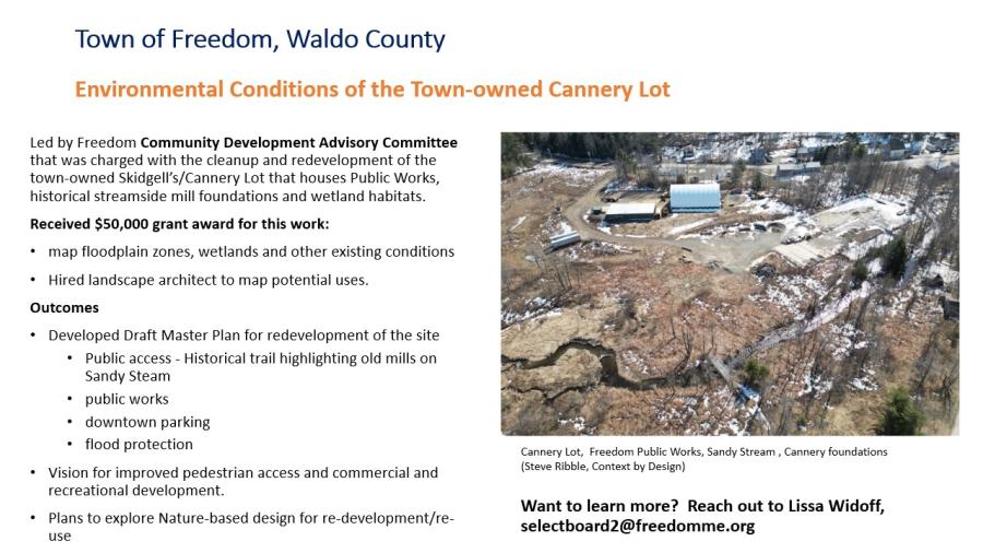 A slide detailing the Town of Freedom's cleanup and redevelopment of Skidgell’s/Cannery Lot that houses Public Works