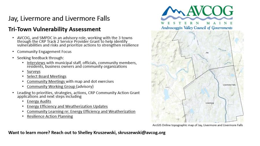 A slide detailing the Jay, Livermore and Livermore Falls​ Tri-Town Vulnerability Assessment​