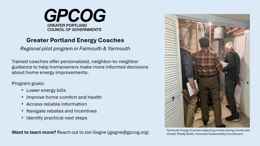 A slide detailing the Greater Portland Energy Coaches​ pilot program