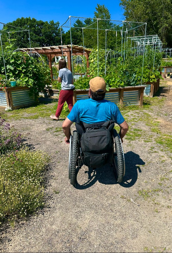 A man in a wheelchair in a garden.