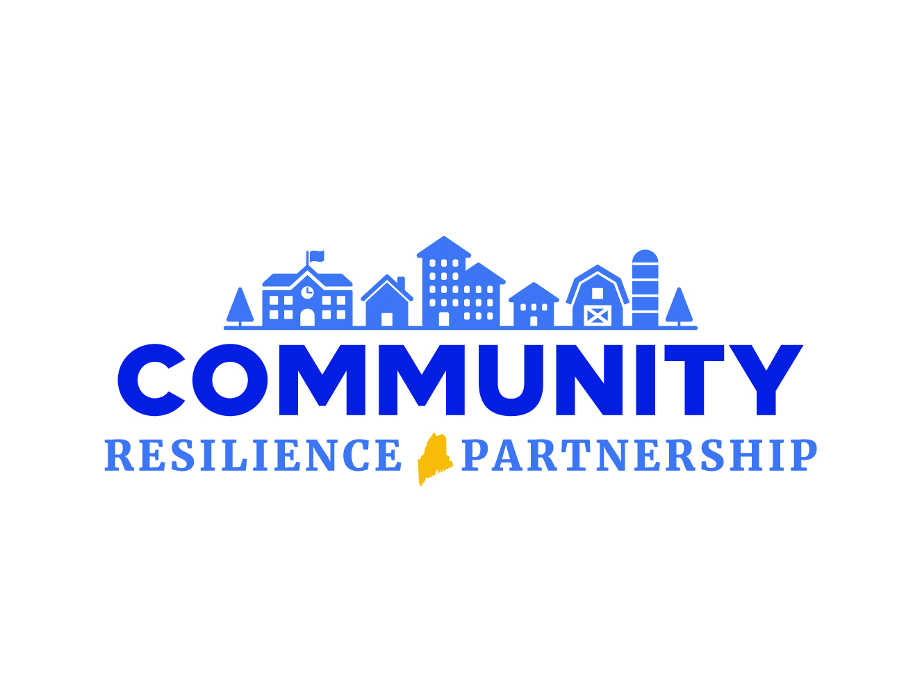 A blue and yellow logo with a town skyline that reads "Community Resilience Partnership."