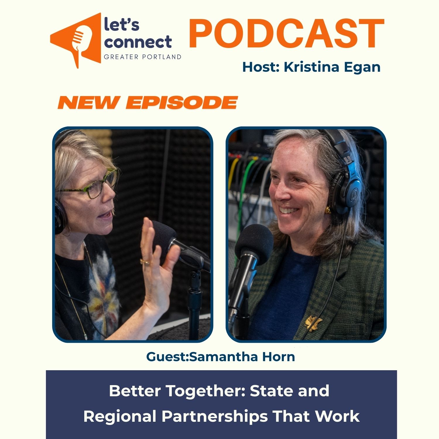 A graphic with two women speaking into microphones facing each other.