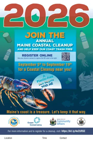 A poster for the 2026 Maine Coastal Cleanup with a lobster.