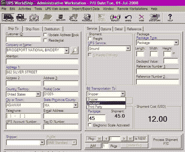 Scrrenshot of United Postal service shipping dialog box