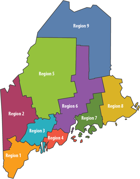 Map of Maine showing Maine Regional Library System districts