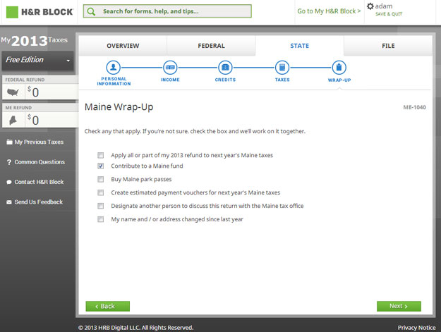H&R Block Voluntary Contribution Screen One