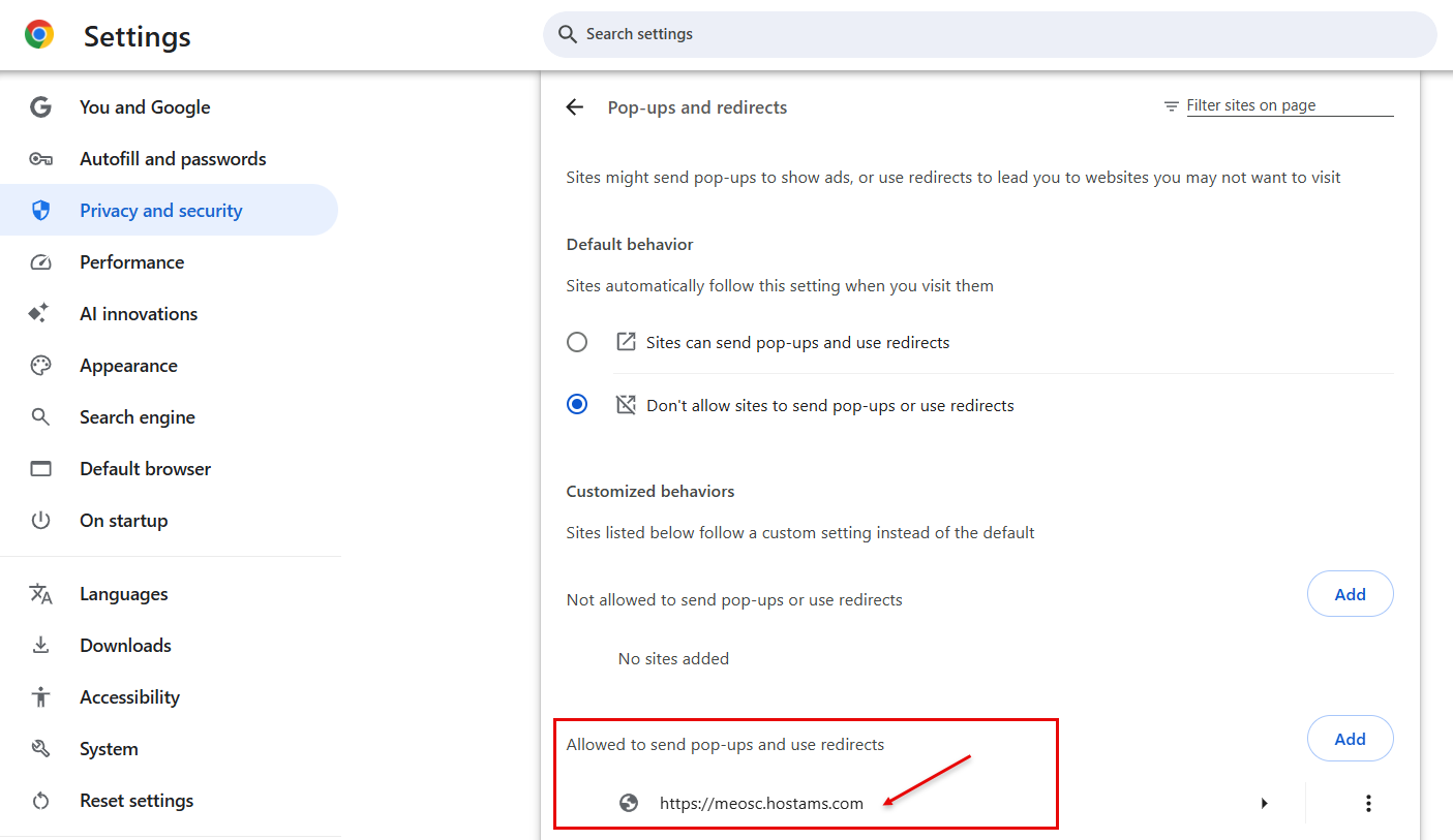 Chrome Allowed pop-ups and redirects listing