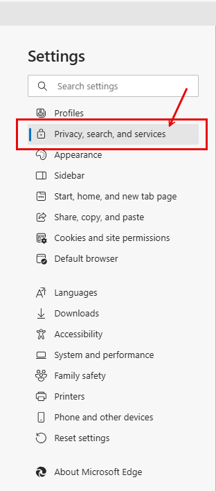 Click on Privacy,search and services