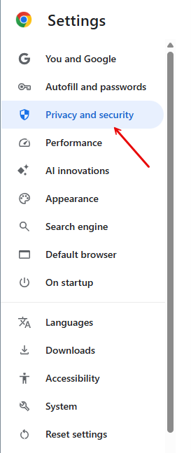 click on Chrome Privacy and Security option