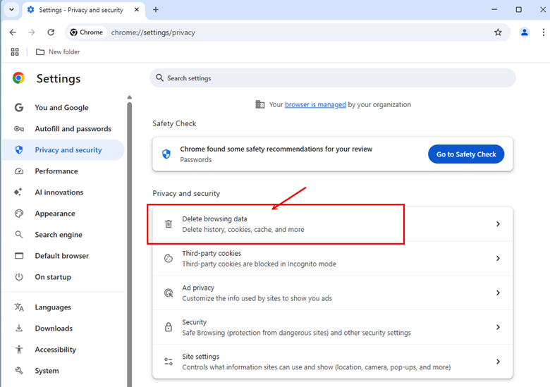 click Clear browsing data option