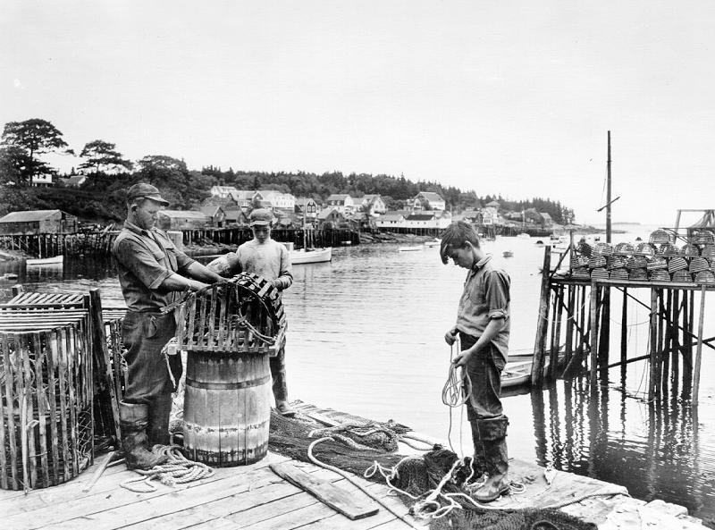 Photo of New Harbor fisherman shows two boys how to rig a trap