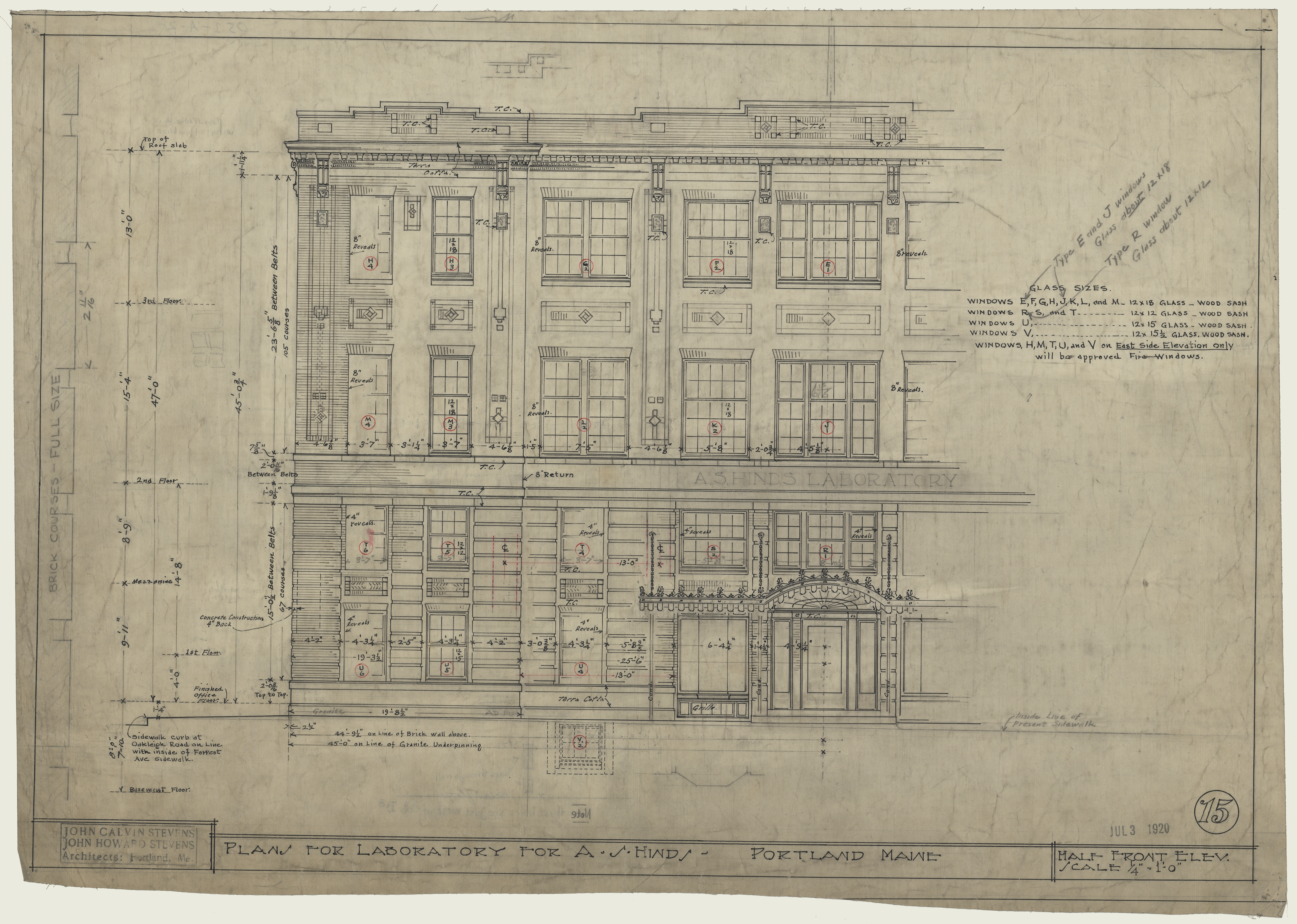 A detailed architectural blueprint dated July 3, 1920, showing the multi-story front elevation and window specifications for the "A.S. Hinds Laboratory" in Portland, Maine.
