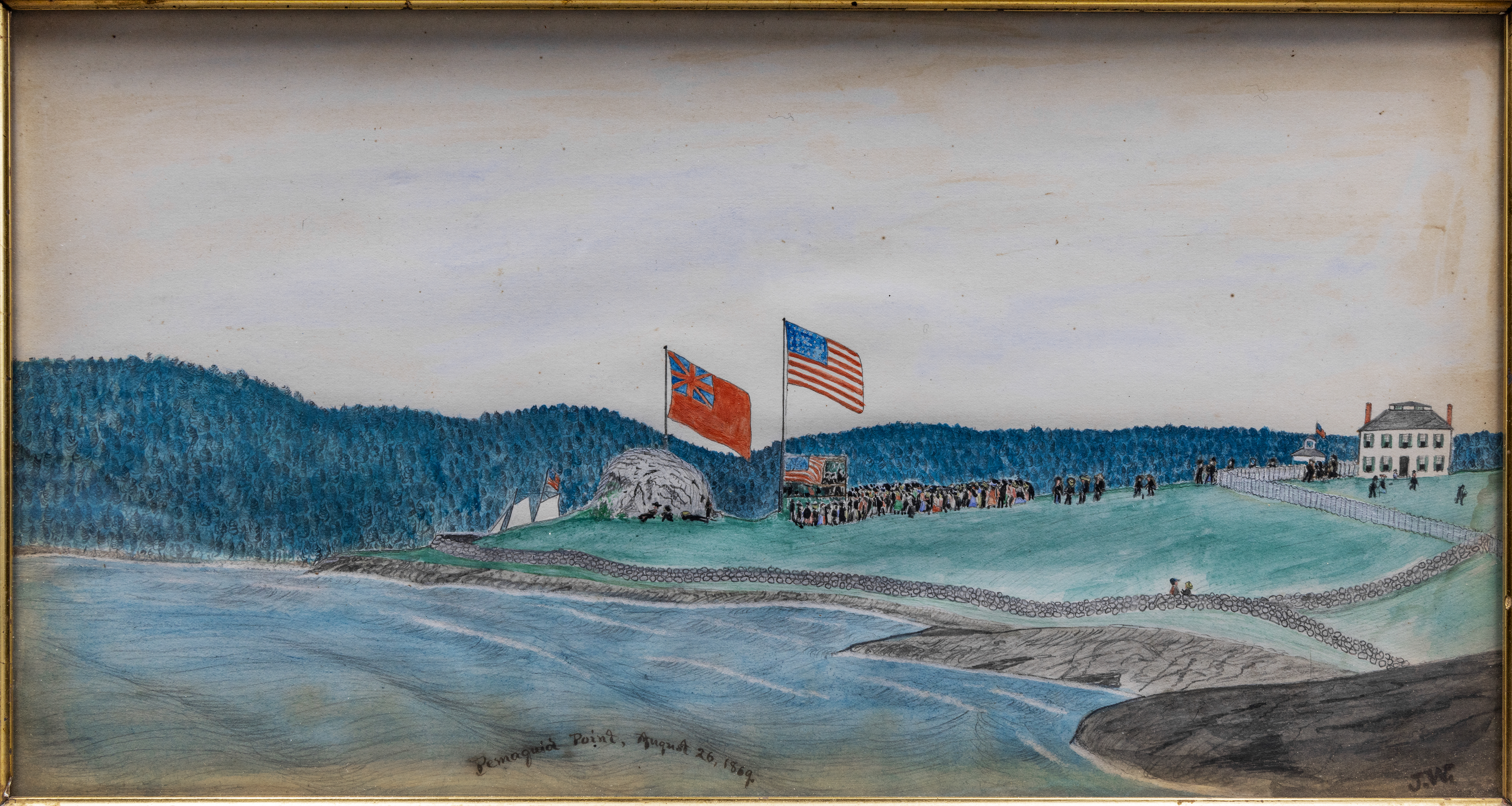 A framed historical drawing or painting depicting a gathering at Pemaquid Point on August 26, 1869. Crowds of people are gathered on a green grassy hill flying both British and American flags next to the water.