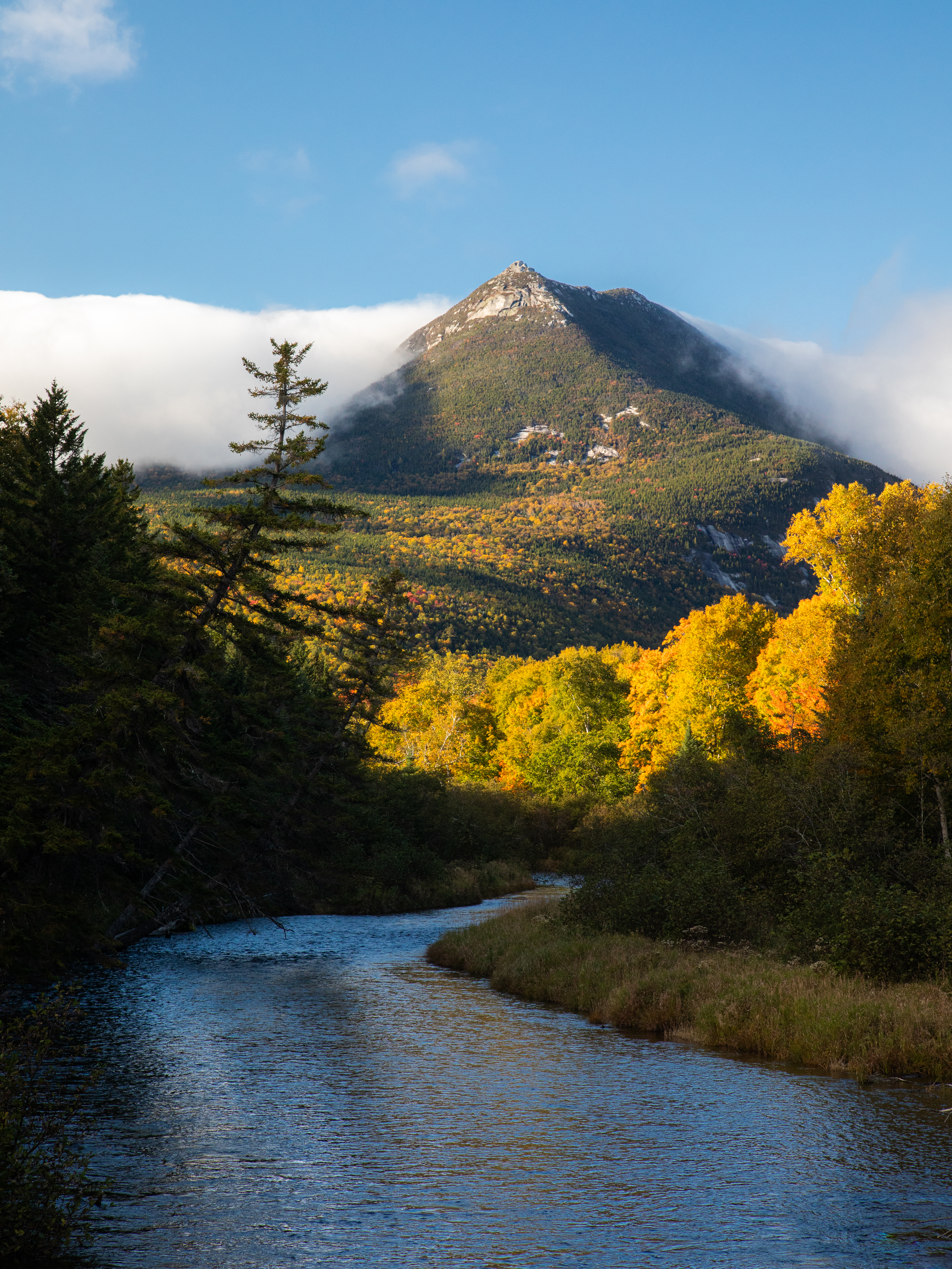 A vibrant autumn photograph capturing a pointed mountain peak rising above a low layer of clouds, viewed from across a winding river surrounded by bright yellow and green foliage.