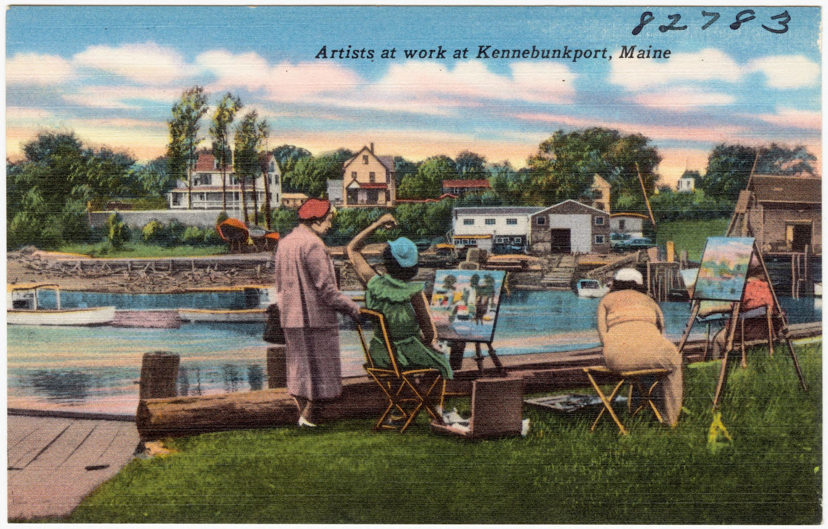 Colorful postcard of artists with easels painting on a river