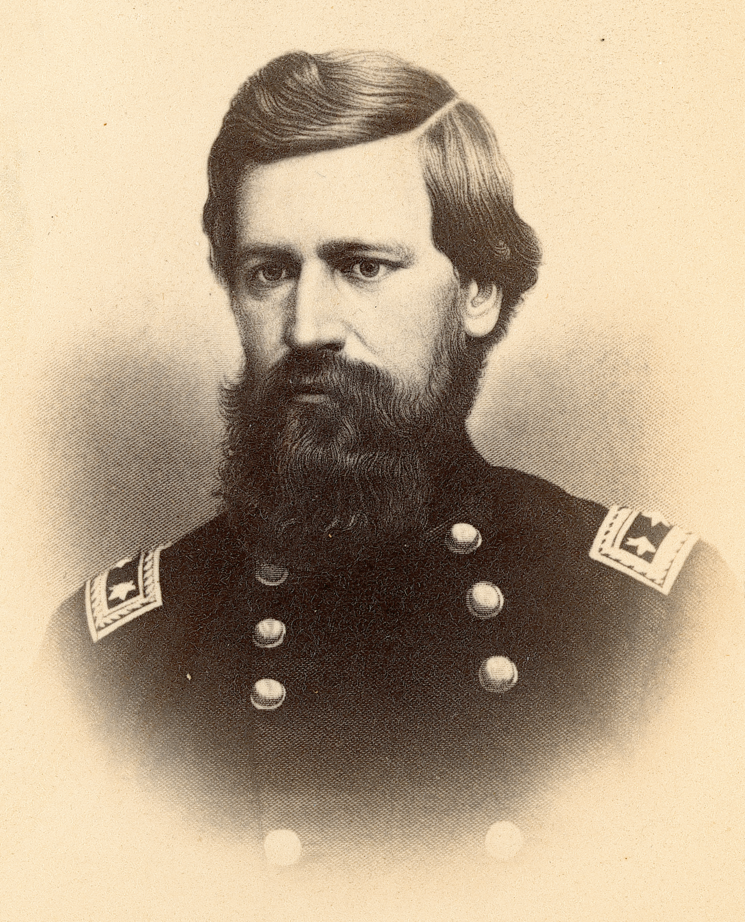 A sepia-toned engraved portrait of a young Union military officer with a prominent beard and dark hair parted to the side, wearing a double-breasted uniform with shoulder straps.