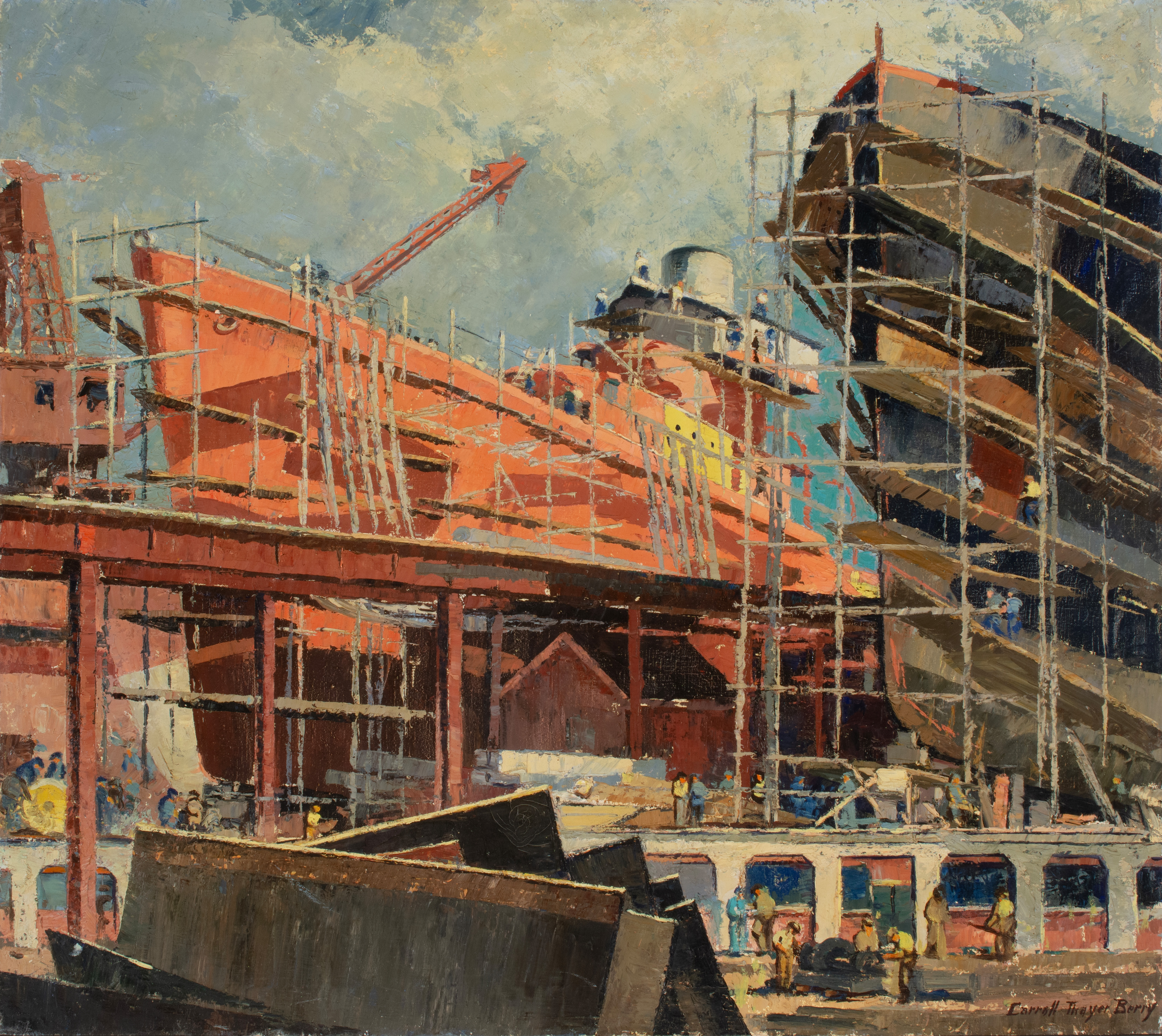 An oil painting depicting a vibrant shipyard scene with two large ships under construction, enveloped in complex scaffolding, while numerous workers populate the docks below.