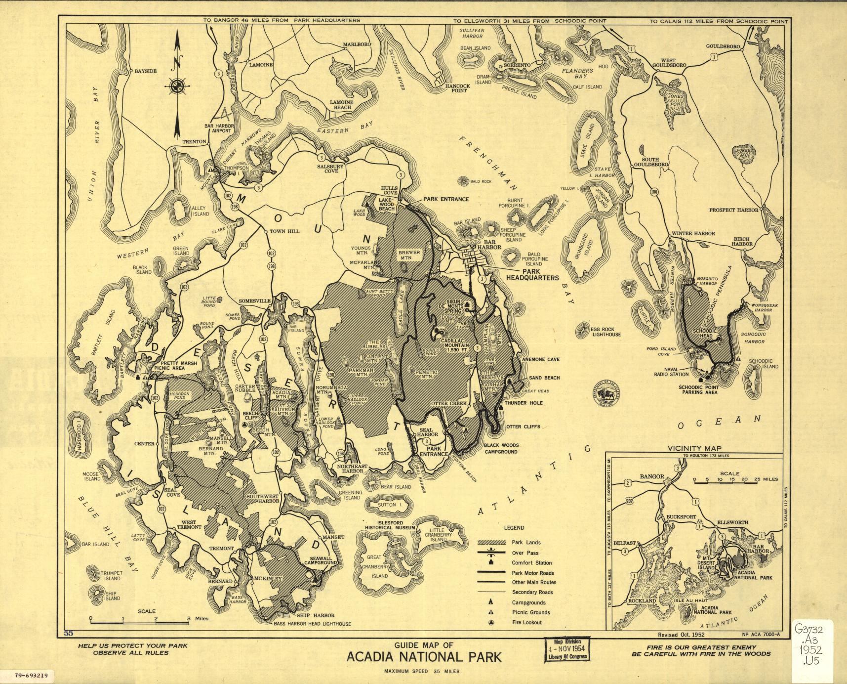 A printed 1954 illustrated guide map of Mount Desert Island and Acadia National Park, detailing coastal geography, park boundaries, roads, and landmarks.