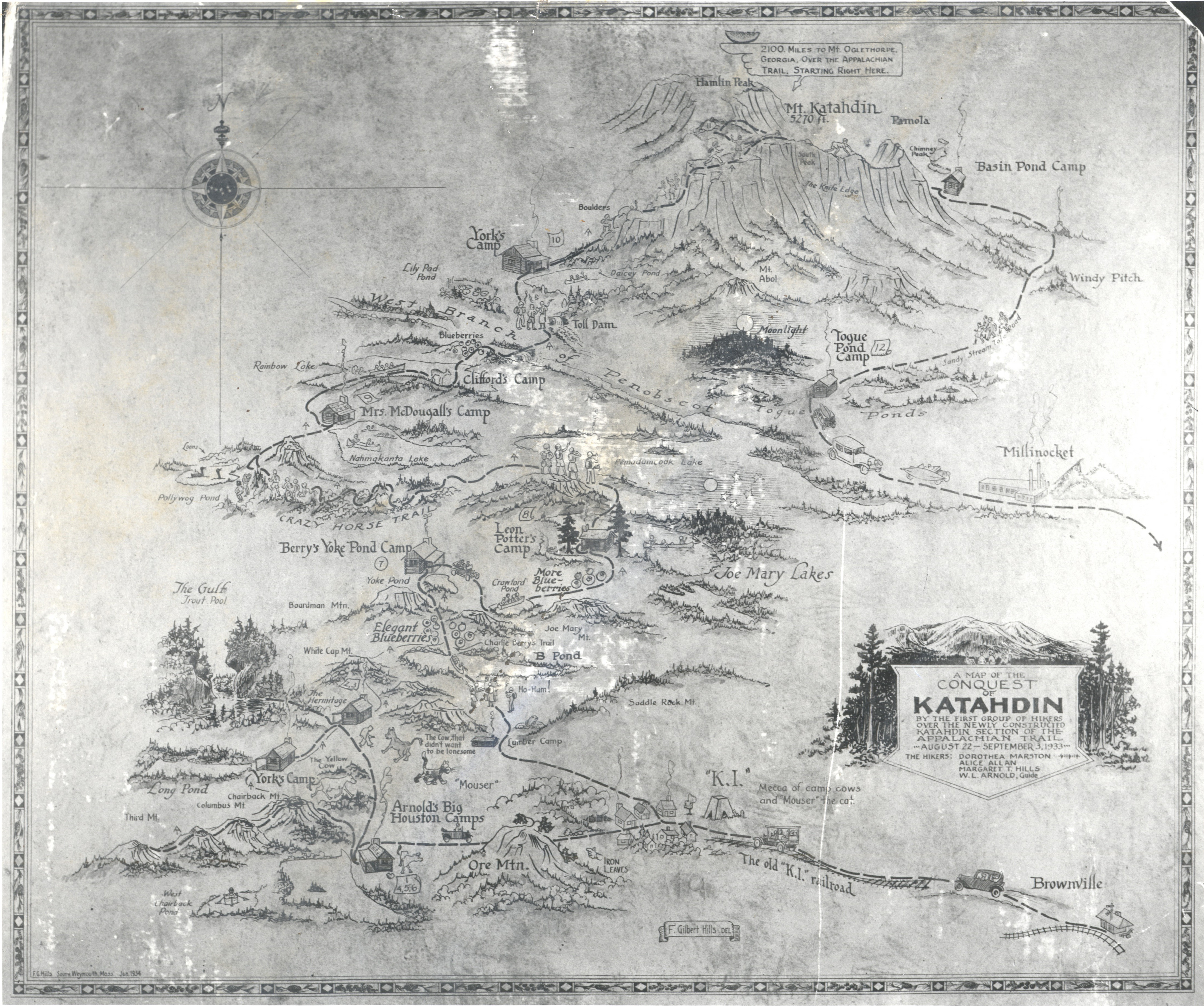 A vintage, hand-drawn map titled "A Map of the Conquest of Katahdin," illustrating trails, camps, and surrounding landmarks like the West Branch of the Penobscot River leading up to the mountain peak.