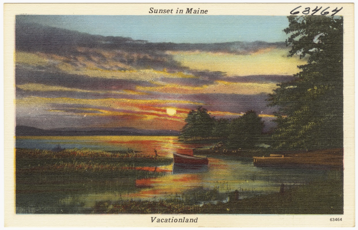 Vintage postcard showing a scenic lake at sunset with a red boat near the shore and colorful clouds in the sky, titled "Sunset in Maine / Vacationland."