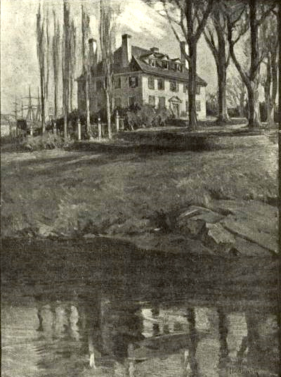 Vintage illustration of Hamilton House, a colonial-era mansion on a hill overlooking a river, reflected in the water below, by Charles H. Woodbury.