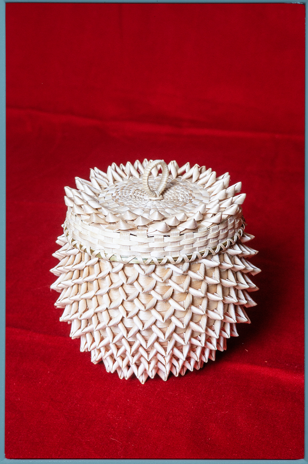 Close-up photo of a small lidded basket woven in a spiked, textured pattern with a curled handle on top, set against a red background.