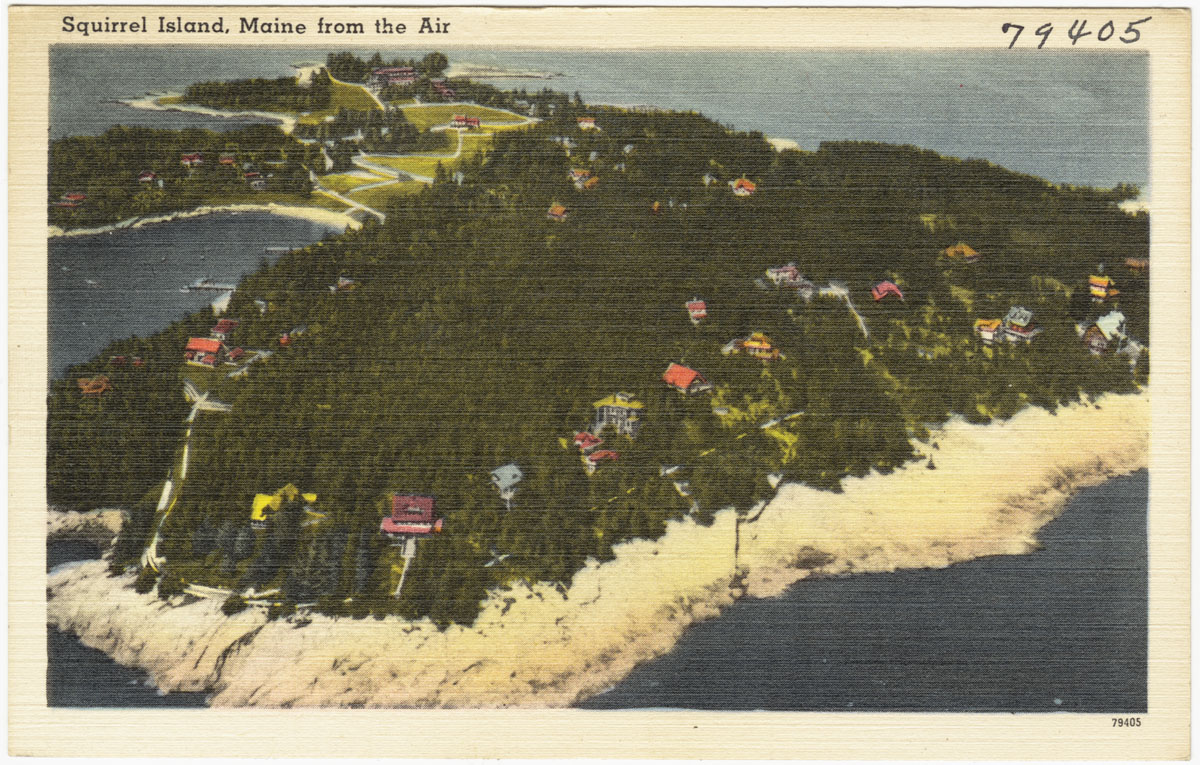 Vintage colorized postcard captioned "Squirrel Island, Maine from the Air," showing an aerial view of the tree-covered island dotted with cottages and surrounded by water.