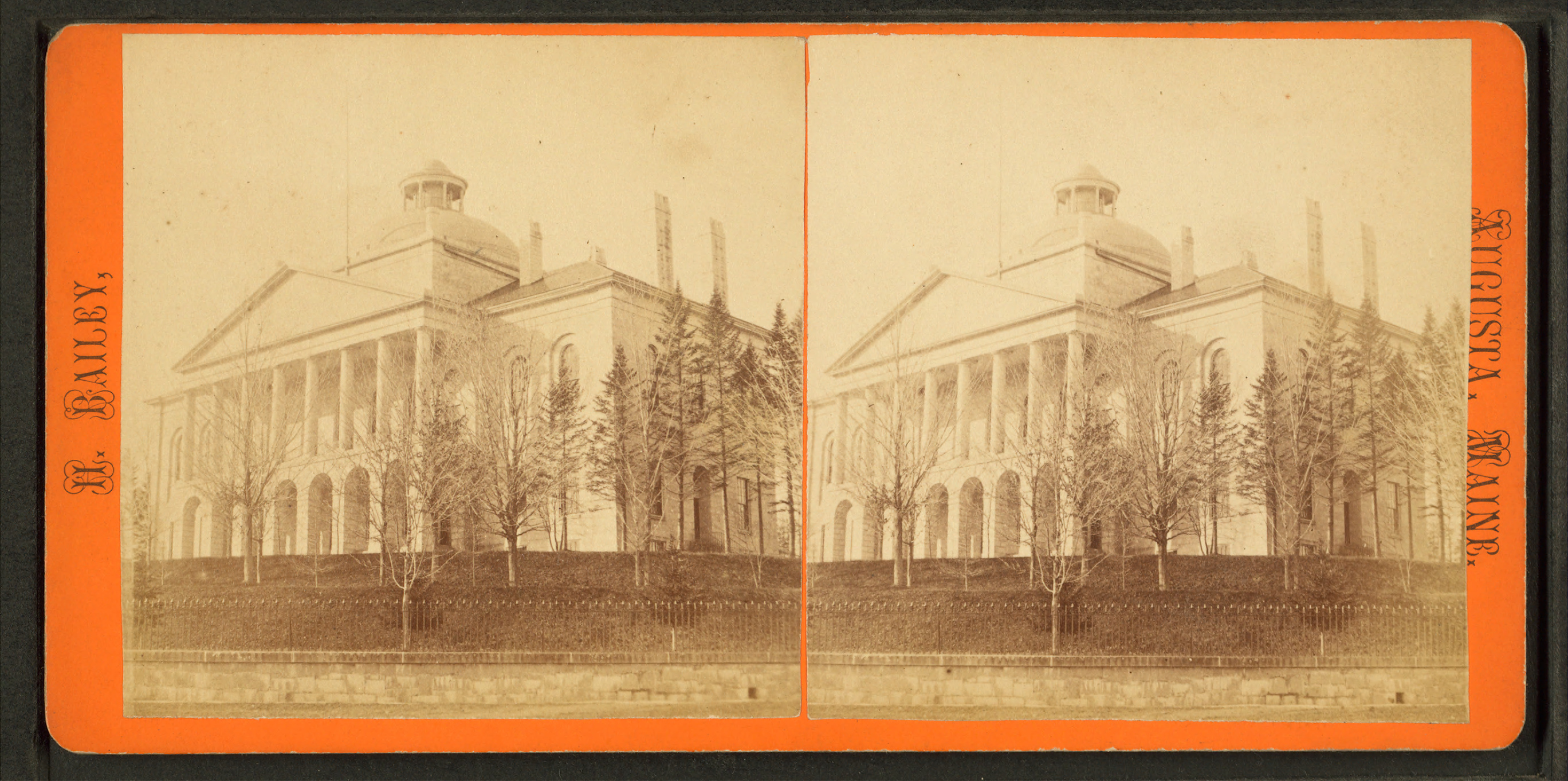 Antique stereoscopic photograph card labeled "Augusta, Maine," showing two nearly identical black-and-white images of the Maine State House with its domed roof, columned front, and surrounding trees, by photographer H. Bailey.