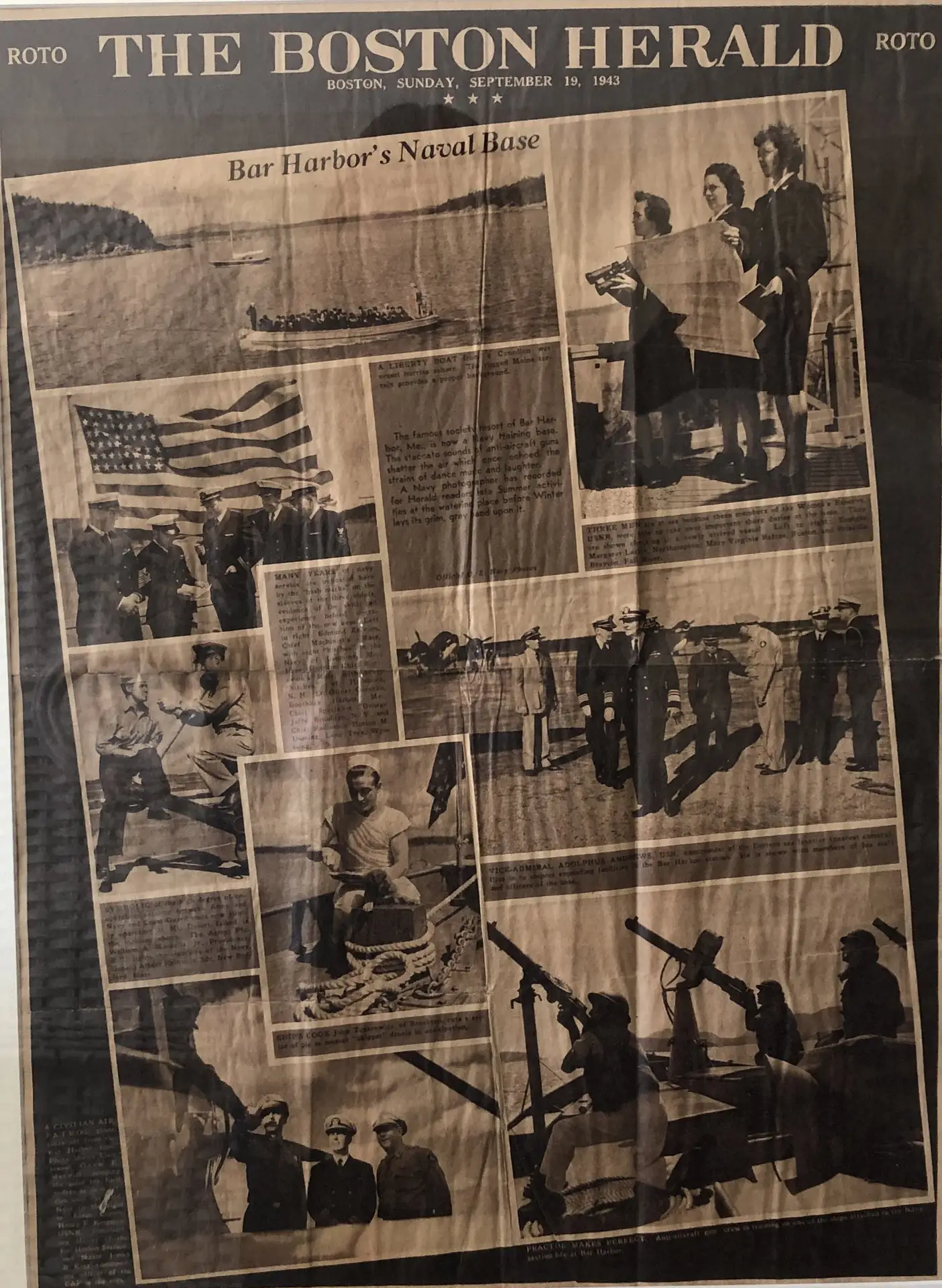 he front page of The Boston Herald from September 19, 1943, featuring multiple black-and-white photographs and articles about Bar Harbor's naval base and personnel.