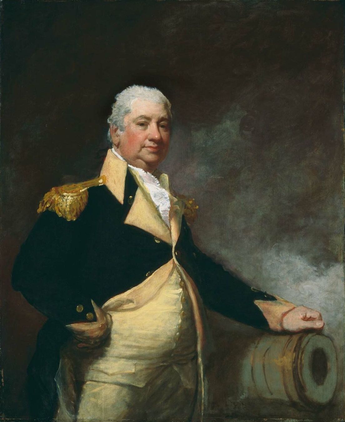 Portrait of a heavyset man in a dark blue military coat with gold epaulettes, cream waistcoat, and white ruffled collar, resting his hand on a cannon barrel, painted background.