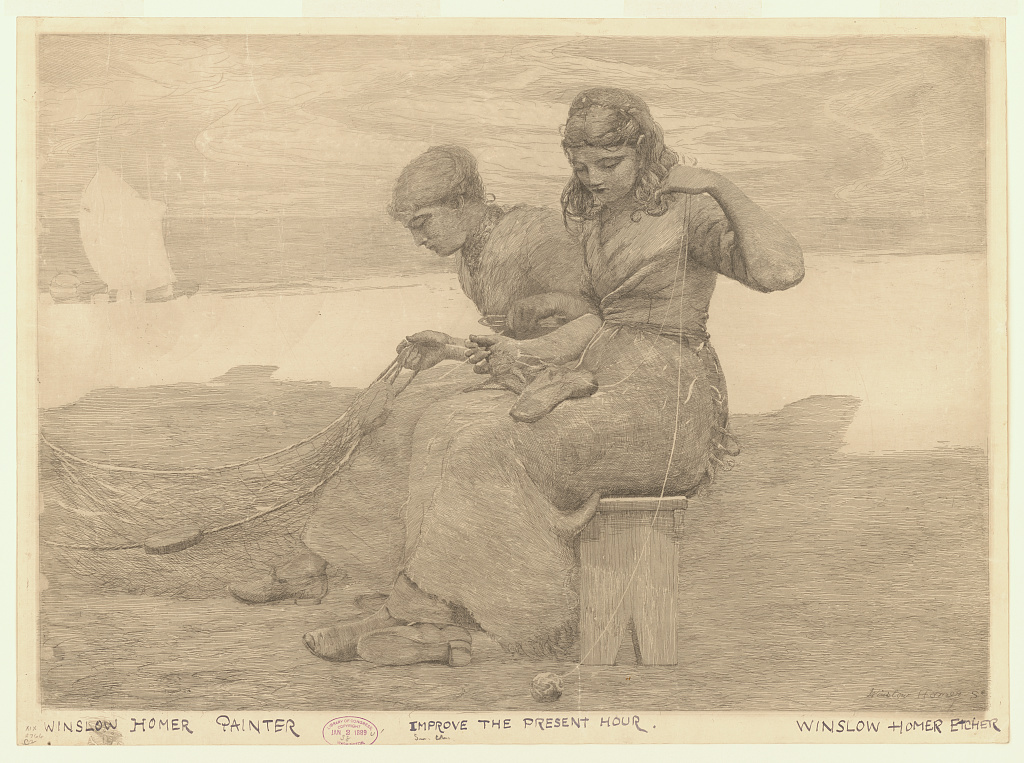 Etching by Winslow Homer showing two women sitting on the ground outdoors working with a fishing net, with a sailboat on the water in the background.