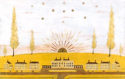 A folk art painting of a large white building flanked by smaller houses, set against a yellow landscape with a smiling sun rising over a hill beneath a sky filled with stars and slender golden trees.