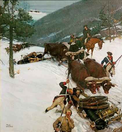 Painting of soldiers and oxen hauling cannons on sleds up a snowy mountain trail, with a mounted officer directing the effort.