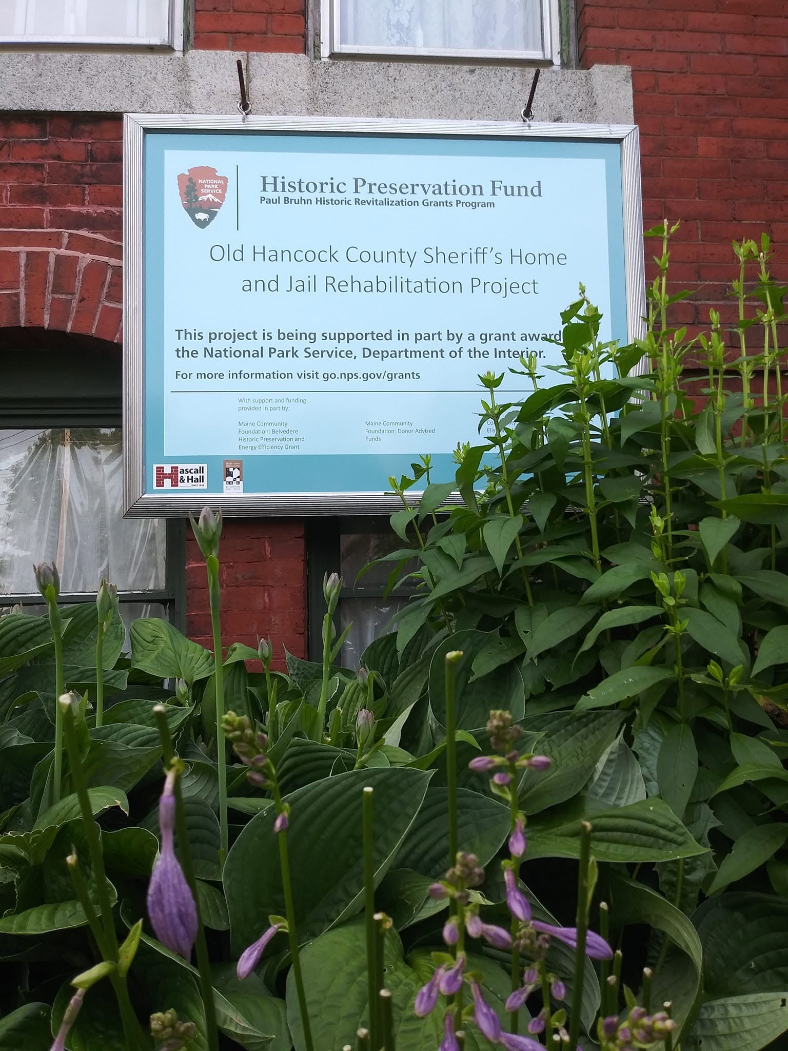 A sign for the "Old Hancock County Sheriff's Home and Jail Rehabilitation Project" mounted on a brick wall behind green plants and purple flower buds.