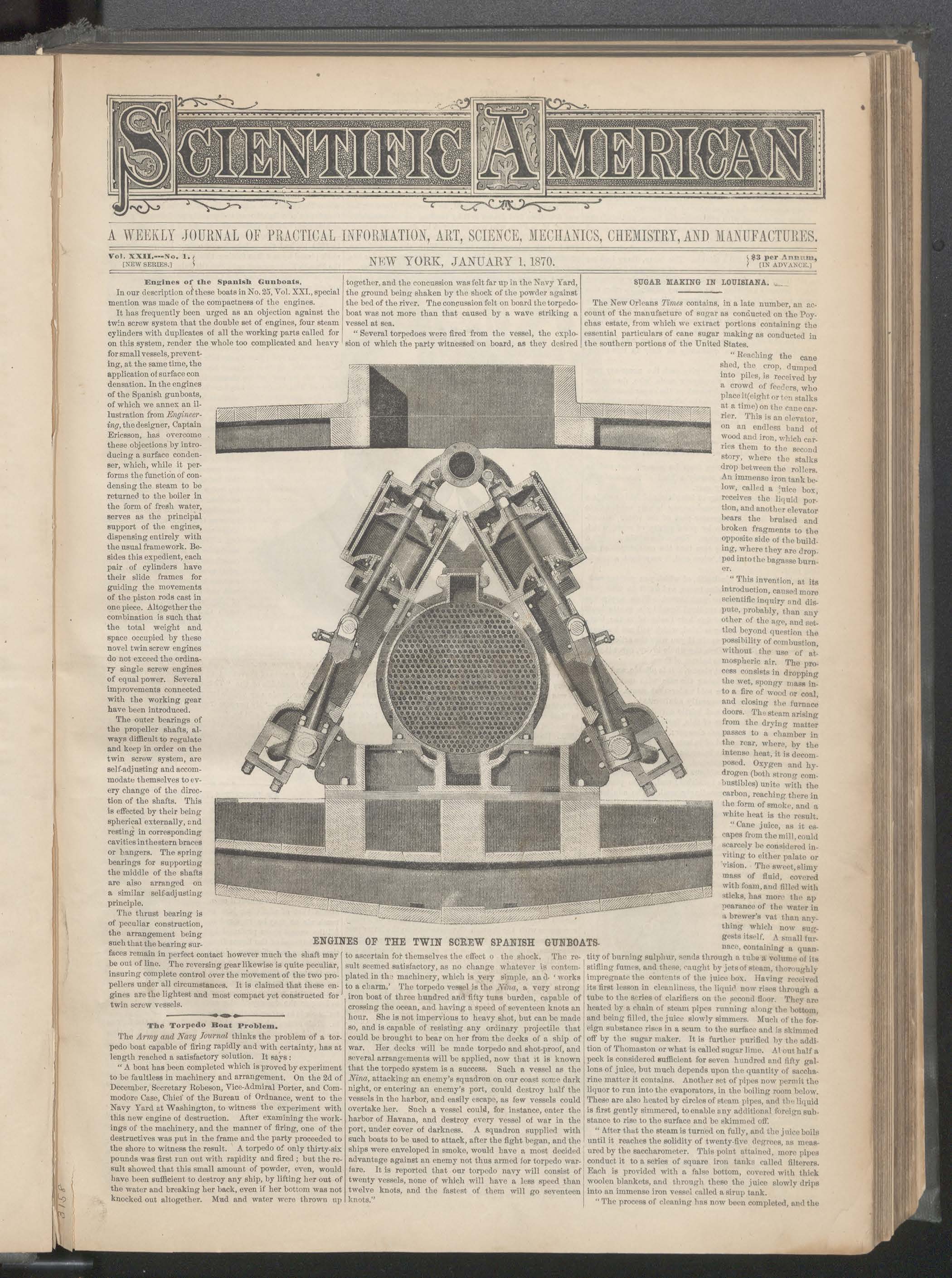 The front page of the January 1, 1870 issue of Scientific American magazine featuring an engineering illustration of twin screw gunboat engines.