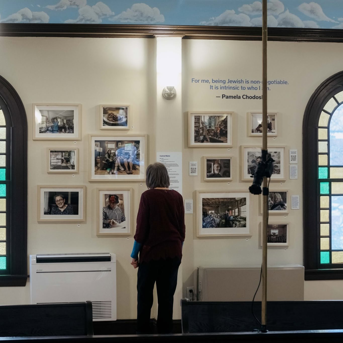 A person stands facing a wall gallery displaying a grid of framed photographs, with a quote from Pamela Chodos visible above the artwork.