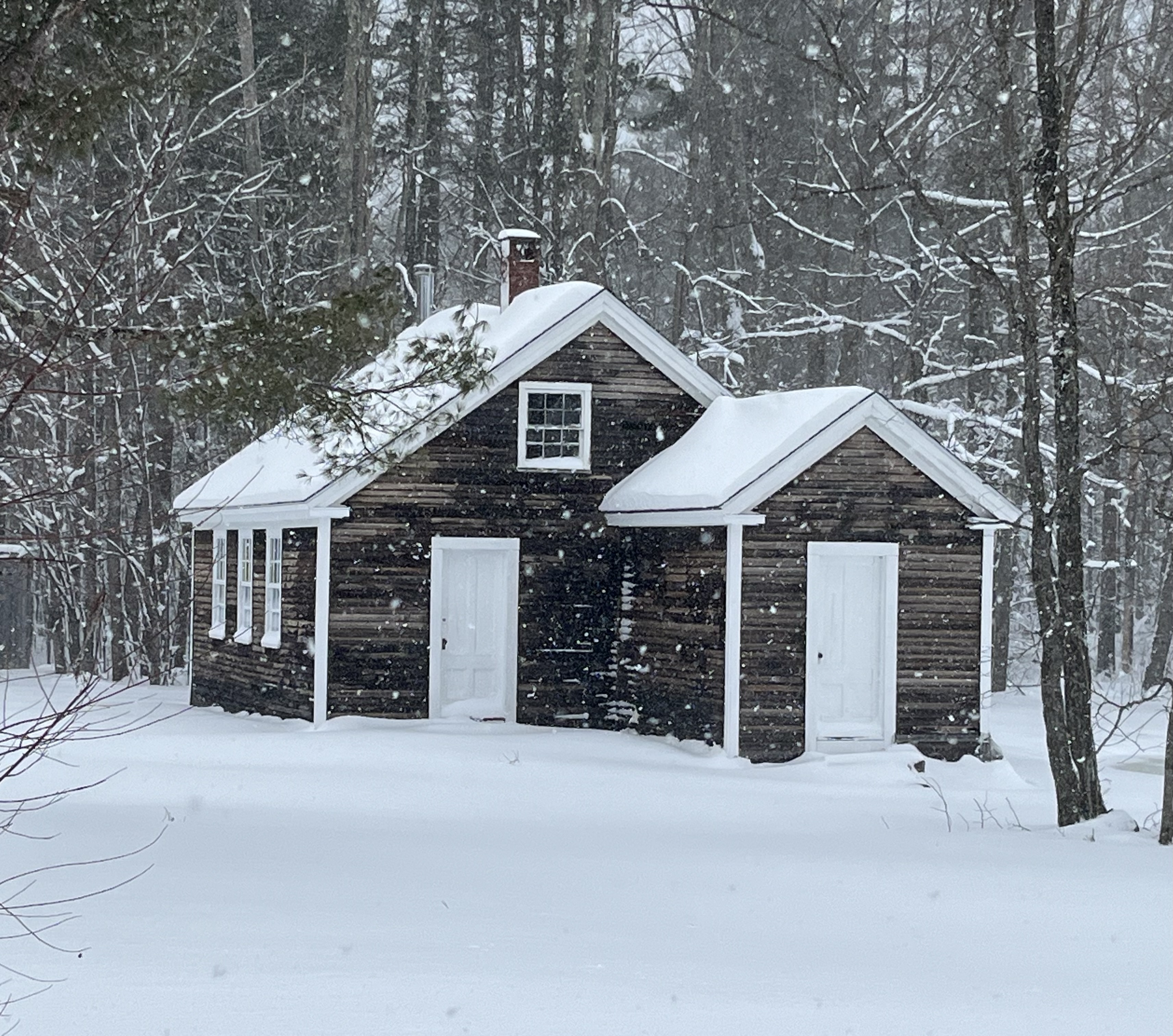 Small rustic log cabin surrounded by snow-covered woods during snowfall.