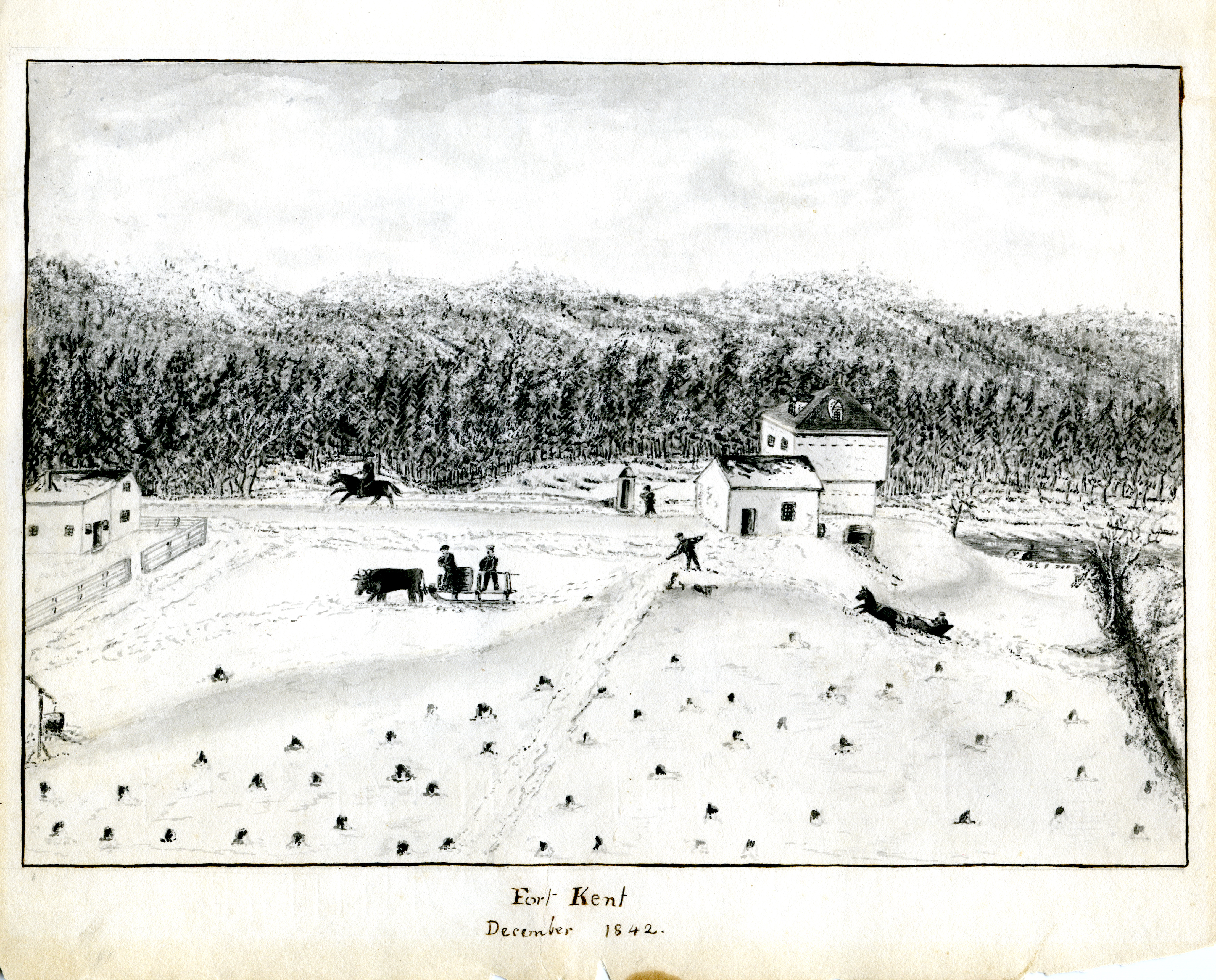 Old paper photo overhead of house and horses working farm