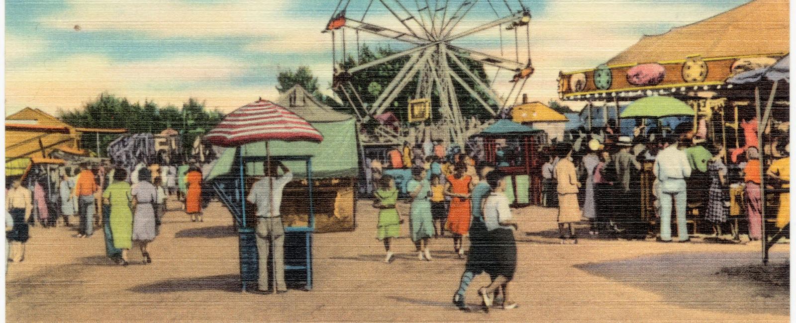 Old postcard for the Blue Hills fair with people in front of amusements