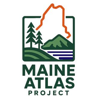 Partial outline of the state of Maine with a mountain, trees, and water. Text says Maine Atlas Project.
