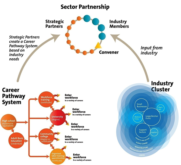 graphic showing overview of industry partnerships how Career Pathway and Industry Cluster come together to form the Sector Partnership